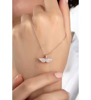 Kadın Orjinal 925 Ayar Gümüş Zirkon Taşlı Melek Kanatlı Model Kolye (Rose)