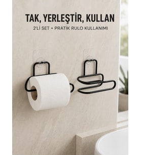 2’li Duvara Yapışkanlı Tuvalet Kağıtlığı Siyah Metal Pratik Rulo Tutucu