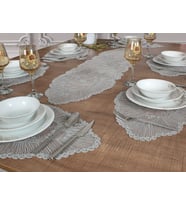 Amerikan Servis Supla ve Runner Seti 6 Kişilik Nakışlı Gri Venice 7 Parça Masa Ve Sunum Takımı Venice6'lı Gri Set, 1 Runnerlı Set Venice Çeyizlik Takımı