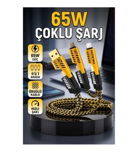 65W 4'ü 1 Arada Çoklu Şarj Kablosu USB-C USB-A Lightning Veri Aktarımı ve Hızlı Şarj