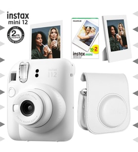 Instax mini 12 Beyaz Fotoğraf Makinesi-20'li Film-Çerçeve ve Deri Kılıf Seti