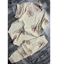 Kız Çocuk Kelebek Desenli T-Shirt Krem Pijama Takımı 8-14 Yaş