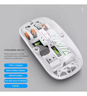 Şeffaf Mouse Kablosuz Mouse Fare Şarjlı Bluetooth Wireless Çift Modlu Sessiz 5 Tuşlu DPI Kontrol (Beyaz)