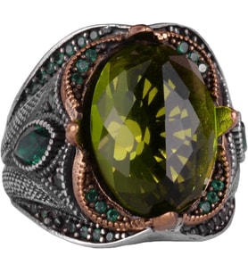 Peridot Yapay Taşlı Yüzük - 925 Ayar Gümüş Yüzük - El Yapımı Taş Takı - Gümüş Erkek Yüzüğü