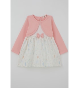 Breeze Kız Çocuk Uzun Kollu Elbise Bolerolu Eteği Çiçek Desenli Fiyonklu 3-8 Yaş, Pembe