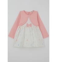 Breeze Kız Çocuk Uzun Kollu Elbise Bolerolu Eteği Çiçek Desenli Fiyonklu 3-8 Yaş, Pembe