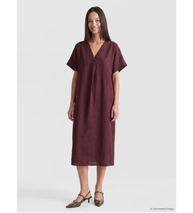 LCW EVERYDAY Bordo V Yaka %100 Keten Elbise