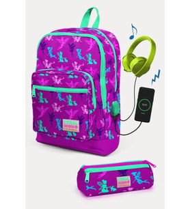 Coral High Kids Koyu Pembe Su Yeşili Peri Desenli USB'li 2'li Okul Çanta Seti - Kız Çocuk