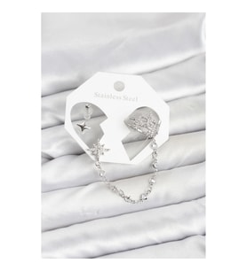 Mey İthalat® Kutup Yıldızı Model Pirinç Gümüş Renk Zincir Bağlantılı Ear Cuff Küpe Seti
