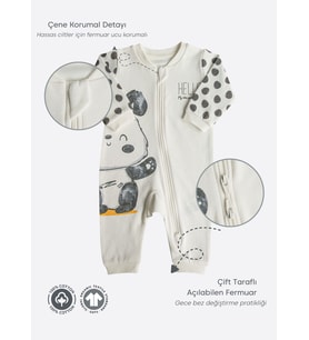 Organik Panda Fermuarlı Tulum Ekru