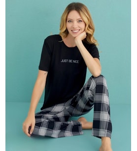 Mihra Kadın Bisiklet Yaka MİLAN Likralı Kısa Kol Pijama Takımı 50107/89- 1 Adet (Siyah)