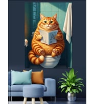 Tuvalette Kitap Okuyan Kedi Dekoratif Kanvas - Mdf Ahşap Tablo