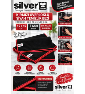 Silver Home Kırmızı Overloklu Siyah Temizlik Bezi 40x40 cm 5 Adet