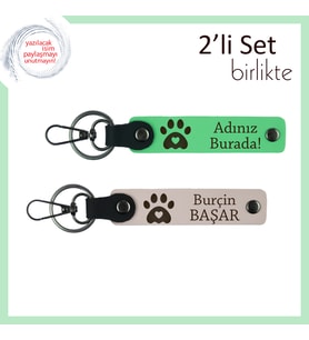 Kedi Seven Arkadaşa Kalıcı Hediye, Kalpli Pati Temalı Deri Set, İsim Yazılabilir, Fıstık Yeşil-Pudra