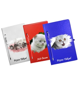 Kişiye Özel Kedi Tasarımlı Üçlü Defter Kalem Hediye Seti