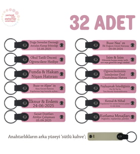 Pembe & S Kahve, Düğün Töreni Konuklarına, 32'li Set, İsimli Anlamlı Hatıra Deri Anahtarlık Hediyesi