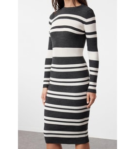 Moda Slim Casual Günlük Pike Triko Bisiklet Yaka Uzun Kol Bodycone Midi Boy Elbise