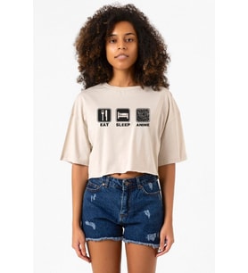 Eat Sleep Anime Bej Kadın Crop Tshirt
