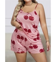 Arias Closet Büyük Beden Pembe Kiraz Desen İnce Askılı Pamuklu Şortlu Pijama Takımı
