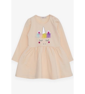 Breeze Kız Çocuk Uzun Kollu Elbise Tüllü Unicorn Nakışlı 1.5-5 Yaş, Krem