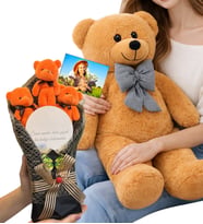 Premium Ayıcık Buketi Seti, Fotoğraflı Aynalı Turuncu Ayıcık Buketi ve Büyük Boy Peluş Ayıcık (Model 1)