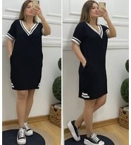 Mulvxmdyk Mdyk02 Kadın Kısa Kollu V Yaka Ribana Detaylı Cepli Dizüstü Viskon Elbise (Mulvix)