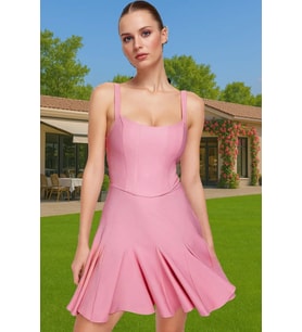 A Kesim Mini Abiye Elbise Polyester Karışımlı Yazlık Mezuniyet Elbisesi Konforlu Kesim Trend Tasarım (Pembe)
