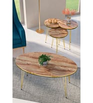 Zigon Sehpa Ve Orta Sehpa Elips Set Çift Gold Ceviz Tel