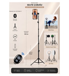 Bluetooth Kumandalı 210 Cm Tripod Telefon Tutuculu Selfie Çubuğu Telefon, Kamera Ve Lamba Tripodu