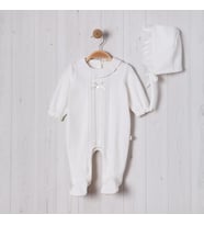 NERVÜRLÜ YAKASI FIRFIRLI ŞAPKALI BEBE KIZ TULUM (Ekru)