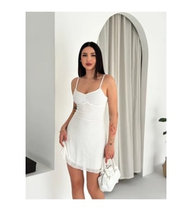 Askılı Mini Elbise Drapeli Göğüs Detay Likralı Yazlık Fit - Beyaz