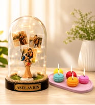 Kişiye Özel Yazılı 3 Fotoğraflı LED Işıklı Fanus (şans melekli) ve 5'li Kokulu Makaron Mum