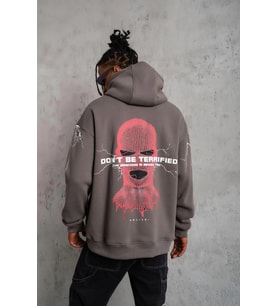 Erkek 3 İplik Pamuklu Kapüşonlu Baskılı Cepli Oversize Sweatshirt Hoodie - Gri