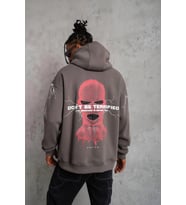 Erkek 3 İplik Pamuklu Kapüşonlu Baskılı Cepli Oversize Sweatshirt Hoodie - Gri
