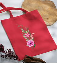 BK Gift Çiçek Tasarımlı Kırmızı Kumaş Bez Çanta, Baskılı Omuz Çantası, Alışveriş Çantası, Arkadaşa Hediye-1