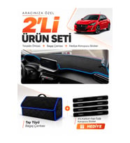 e-biz PEUGEOT 208 (2020-2024) Uyumlu Torpido Örtüsü + Tay Tüyü Bagaj Çantası - Siyah-Mavi - PE006