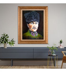 Altın Paspartulu Atatürk  Çerçeveli Tablo C350 (Gold)