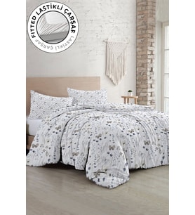 Lastikli Çarşaflı %100 Pamuk Saten Çift Kişilik Nevresim Takımı Butterfly Flower Luxury
