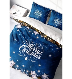 Yılbaşı Nevresim Takım %100 Doğal Pamuk Merry Christmas Çift Kişilik Blue Stars