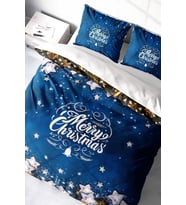 Yılbaşı Nevresim Takım %100 Doğal Pamuk Merry Christmas Çift Kişilik Blue Stars