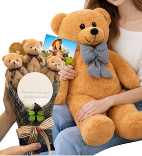 Premium Ayıcık Buketi Seti Büyük Boy Peluş Ayıcık ve Fotoğraflı Aynalı Kahve Ayıcık Buketi (Model 2)