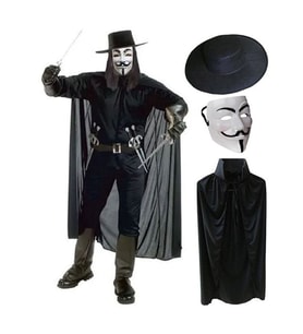 V For Vendetta Maskesi Şapkası ve Pelerin Kostüm Seti Yetişkin Boy pop