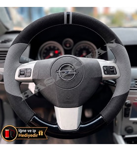 Opel Astra H Dikme Direksiyon Kılıfı Delikli Deri Parlak Siyah Gri Detay Çift Yüzük ve Dikiş 2004-2014