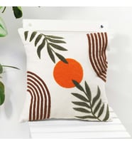 Beyaz Kumaş Punch Nakışlı Dekoratif Kırlent Kılıfı 45 x 45 cm (Turuncu - Yeşil)