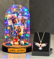Kişiye Özel Renkli Led Işıklı Fanus ve Renkli Zümrüdü Anka Kuşu Kolye (Model 1)