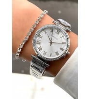 Ferrucci Çelik Sade Şık Kadın Kol Saat+Bileklik Hediye (Gümüş)