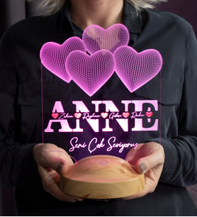 Anneler Günü Hediyesi Kalpli 3D Led Lamba - Anneye Kişiye Özel Renkli Çocuk İsimli Gece Lambası, Anneye Doğum Günü Hediyesi