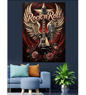 Rock N Roll Kanatlı Gitar Logosu Dekoratif Kanvas - Mdf Ahşap Tablo