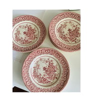 Londra'dan Ironstone Pembe Çiçek ve Anka Kuşu Desenli 6 Adet Vintage İngiliz Porselen Pasta Tabak Seti 20 cm (Pembe-Beyaz)