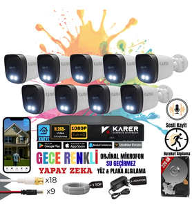 EXİTCAM 9 Kameralı Full HD Sesli AHD Güvenlik Seti – 16 Kanal DVR, 320 GB HDD, Renkli Gece Görüşü, Yüz ve Araç Algılama
